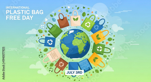 Earth surrounded by reusable bags on international plastic bag free day july 3rd promoting eco friendly shopping