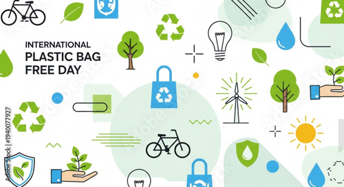 International plastic bag free day eco friendly icons and symbols on white background