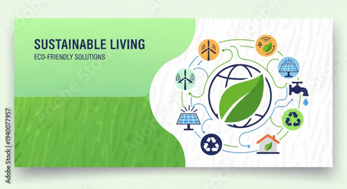 Sustainable living eco friendly solutions concept with green leaf and icons on white background