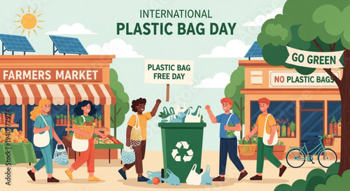International plastic bag day illustration with people promoting eco friendly practices
