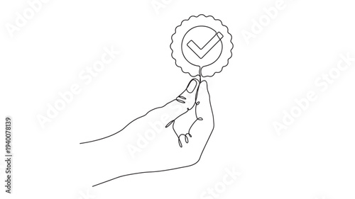 Badge check mark icon held by a hand in continuous line art style on a white background, symbolizing approval.
