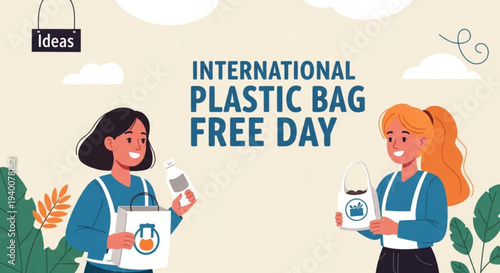 International plastic bag free day illustration with two women holding reusable bags and products