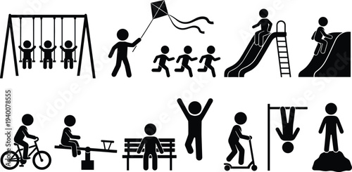 Children Playground Activity Icons Set Featuring Kids Swinging, Flying Kite, Running, Sliding, Cycling, Seesaw, Scooter Riding and Climbing Monkey Bars in Outdoor Park Recreation Concept
