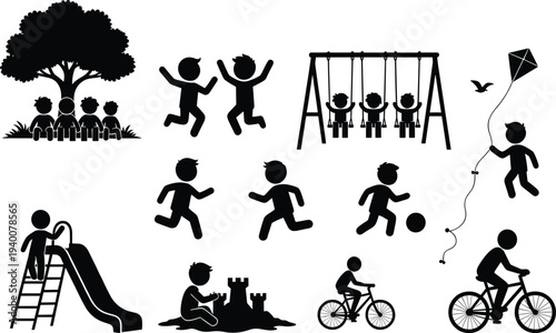 Children Playground Activity Silhouettes Collection Featuring Kids Running, Swinging, Sliding, Flying Kite, Riding Bicycle and Playing in Sandbox Outdoor Park Childhood Fun Concept