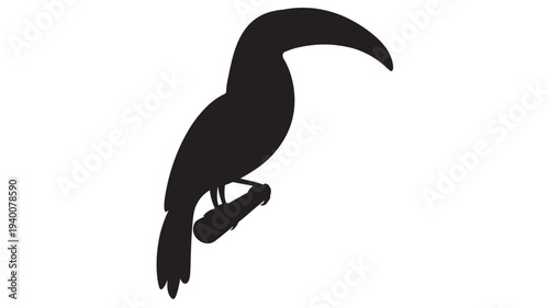 Toucan silhouette perched on a branch with its distinctive large beak, isolated on a white background for graphic design.