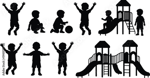Children playground activity silhouettes set with kids jumping sitting playing ball and sliding on playground equipment isolated for education recreation childhood fun concepts