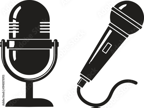 Illustration of vintage and modern microphone icons set