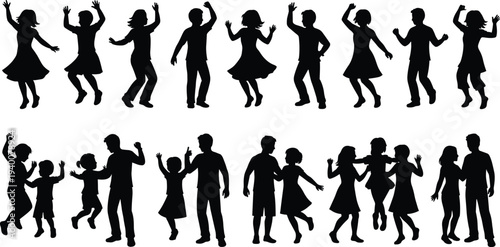 Collection of dancing people and family silhouettes including kids and adults celebrating, joyful movement poses, party dance activities, social gathering concept isolated vector style illustration