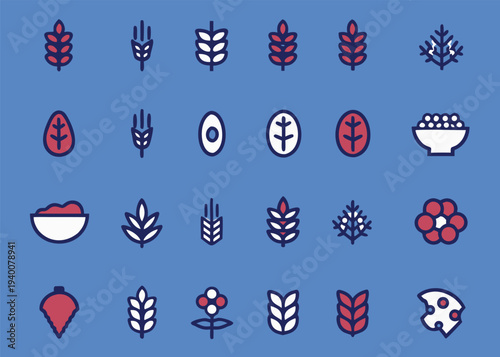 Twenty-four icons depicting various grains and cereals in navy blue outlines with red and white fills against a solid light blue background.