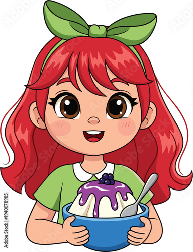 Cute cartoon girl with red hair and green bow holding a bowl of blueberry panna cotta dessert isolated on white background for food and bakery themed projects
