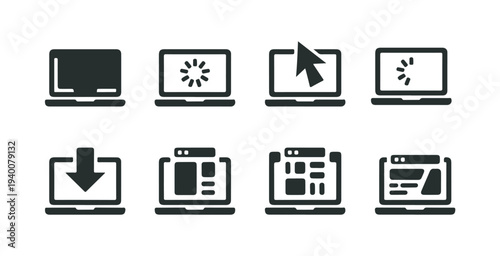 Computer interface process icons including loading bars download arrows and website browser windows