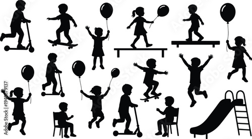 Collection of children silhouettes playing with balloons, scooter, skateboard and slide in playground, happy kids jumping and active childhood outdoor activity vector set