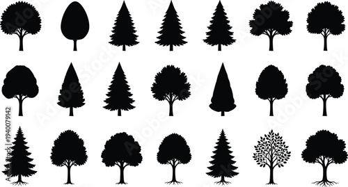 Collection of diverse tree silhouettes including pine, oak, and deciduous shapes arranged in grid, black nature icons for landscape design, forestry themes, and botanical graphics