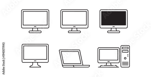 Computer monitor icons collection vector desktop display screen linear style electronic device set