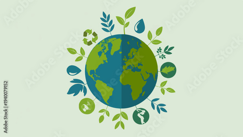 Eco friendly earth day background with green globe surrounded by leaves and eco symbols on light green