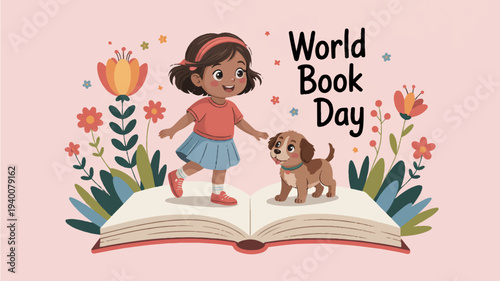 Charming girl and dog on book for world book day celebration with flowers
