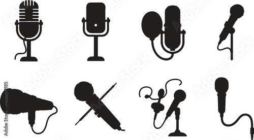 Illustration of set of various microphone silhouettes