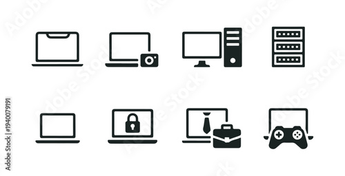 Computer and laptop vector icons digital devices camera desktop server and business tools set
