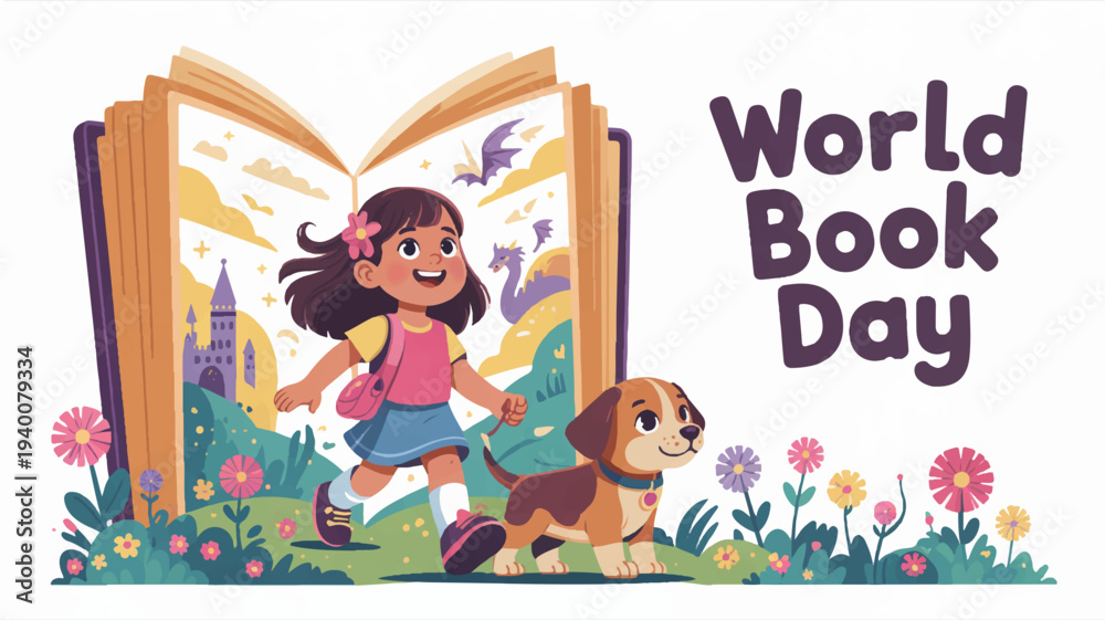 Fototapeta premium A young girl and her dog celebrate world book day with an open book in a colorful garden