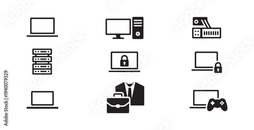 Set of black icons representing business technology and data security concepts
