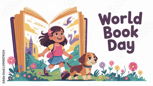 A young girl and her dog celebrate world book day with an open book in a colorful garden