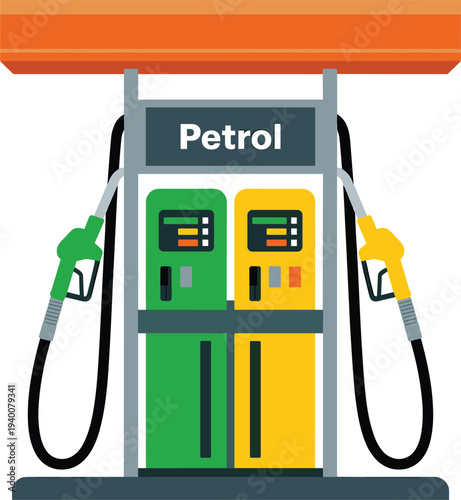 Colorful petrol fuel pump station vector illustration with dual nozzles and dispenser panels isolated on white, transportation energy, gasoline refueling service concept icon