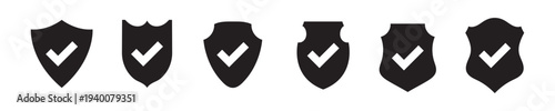 Minimalist black silhouette of a check shield vector icon set.