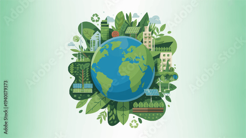 Eco friendly cityscape with green globe buildings and lush foliage symbolizing sustainable living and environmental conservation on a white background