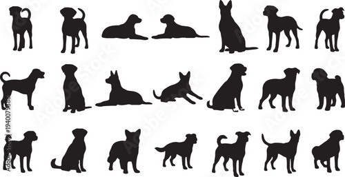 Illustration of set of various dog silhouettes