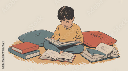 A young child sits cross legged on a rug reading a book surrounded by colorful pillows and stacked books in a cozy indoor setting with warm lighting