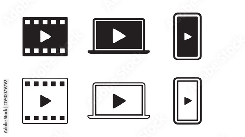 Play buttons on film strip, laptop, and phone screen icons, for multimedia and video content in black and white