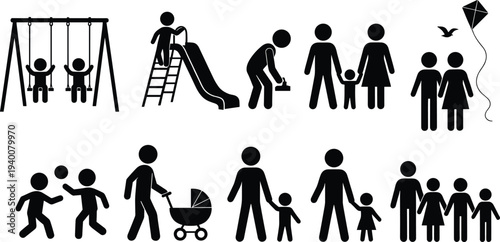 Family Activities Stick Figure Icon Set Showing Parents and Children Playing at Playground Swing Slide Walking With Stroller Flying Kite and Outdoor Parenting Moments