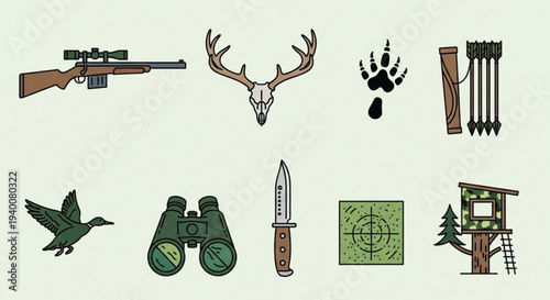 Hunting and outdoor adventure icons including rifle deer antlers bear paw bow bird binoculars knife target and treehouse on beige background