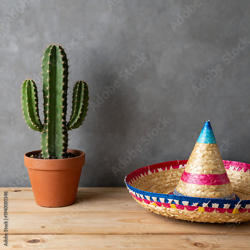 Wallpaper Mural Mexican Sombrero and Potted Cactus Decor
 Torontodigital.ca