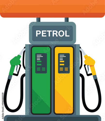 Modern petrol fuel pump station illustration with gasoline nozzles and digital display, flat vector energy industry concept for transportation, oil industry, refueling service and gas station design