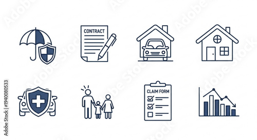 Insurance and protection icons set including health home car contract claim form and safety symbols