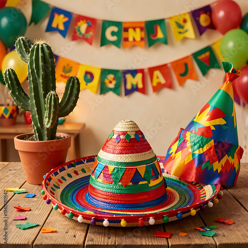 Wallpaper Mural Mexican Sombrero and Potted Cactus Decor
 Torontodigital.ca