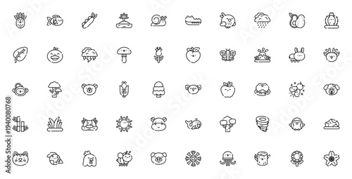 Nature and animals icon set. Vector illustration pack featuring pineapple, fish, peas, island, snail, crocodile, bird, rain, avocado, cactus, leaf, duck and more.