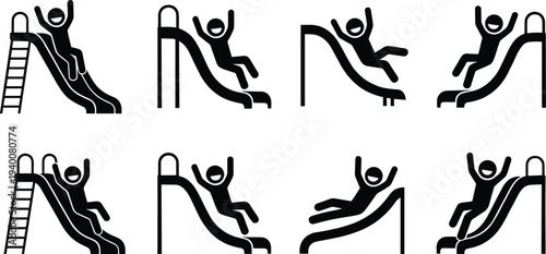 Playground slide activity icon set showing stick figure person sliding down park slide in different poses, representing fun, recreation, childhood play, leisure and playground 