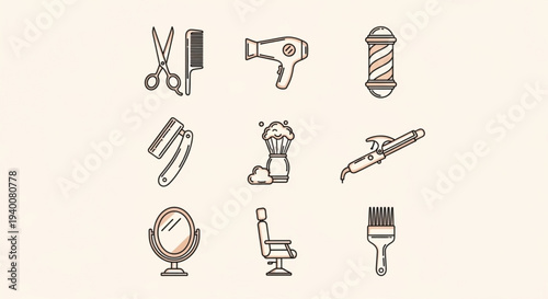 Hair salon tools and equipment icons set including scissors comb hair dryer razor and chair on beige background