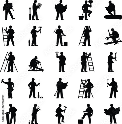 Set of construction worker silhouettes with tools and ladders, builder, painter, electrician, plumber and handyman characters isolated on white background for industrial and labor concepts
