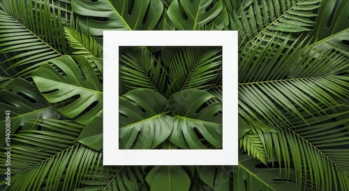 Lush Green Tropical Leaves with White Frame for Interior Decor.