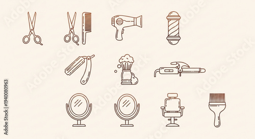 Set of vintage line art hairdressing tools and equipment for salon or barber shop