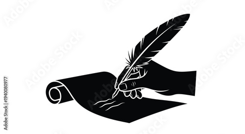 A black silhouette of a hand writing with a feather quill