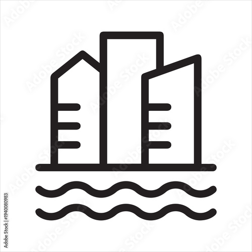 City embankment, waterfront outline icon. Line sign skyscrapers near water. Vector isolated pictogram for web and app on white background editable stroke.