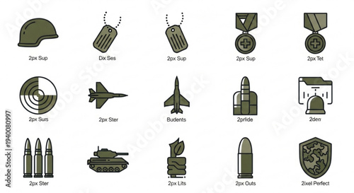 Collection of military icons including helmets dog tags missiles and ammunition on white background
