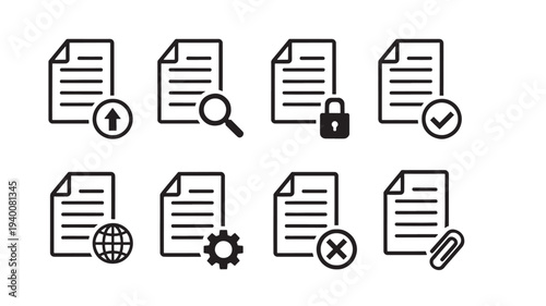 Document icons set with upload, search, lock, check, globe, settings, cancel, and clip symbols for digital applications.