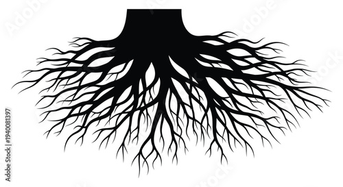 Black silhouette of intricate tree roots against a white background