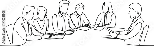 Business team meeting line drawing, office collaboration table discussion flat vector