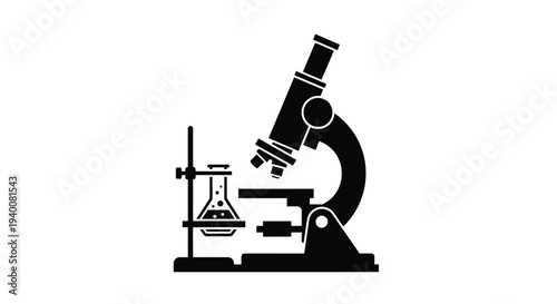 Black silhouette of a microscope and laboratory equipment displayed together